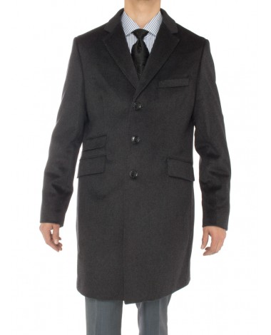 Luciano Natazzi Men's Cashmere Topcoat Modern Ticket Pocket Trench Coat Overcoat (40 US - 50 EU, Charcoal Gray)